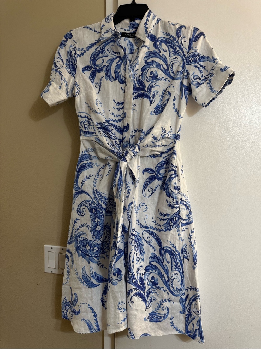 Lauren Ralph Lauren Blue and White Scroll Print Tie-Waist Midi Dress